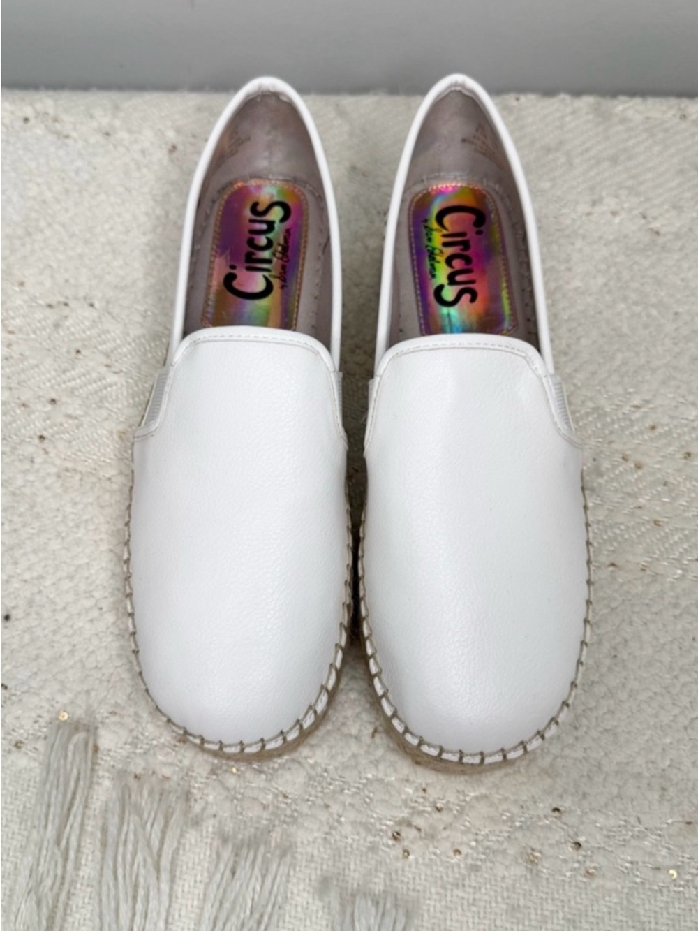 Circus by Sam Edelman White Leather Slip-On Espadrilles with Holographic Insole